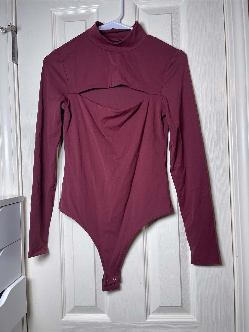 Women's Long Sleeve Mock Neck Bodysuit with Front Cutout - Wine